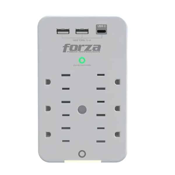 Tomacorriente Protector de Tensión 490J/1875W con 6 Tomas y Puertos USB-C Forza FWT-631USBC