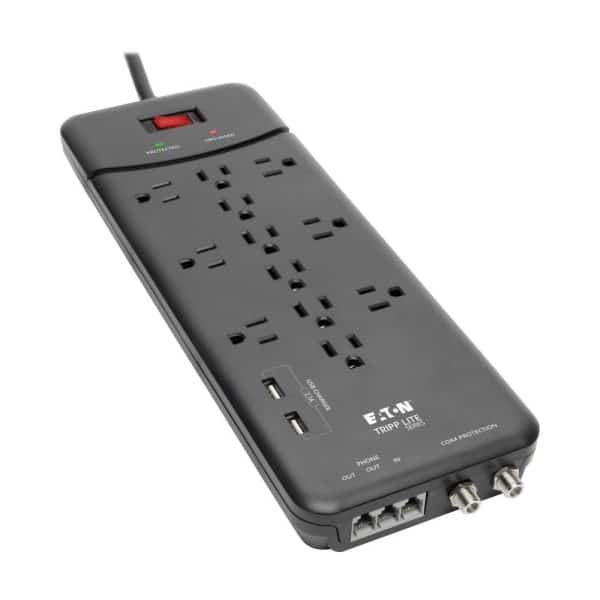 Protector de Sobretensión de 12 Tomas 4320J con 2 USB, Protección RJ11 y Coaxial Tripp Lite Protect It! TLP128TTUSBB
