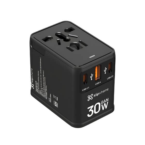 Cargador de Pared Universal 30W con USB-C PD, USB-A QC 3.0 y Enchufes Internacionales Klip Xtreme PowerWall Uni 30 KMC-350