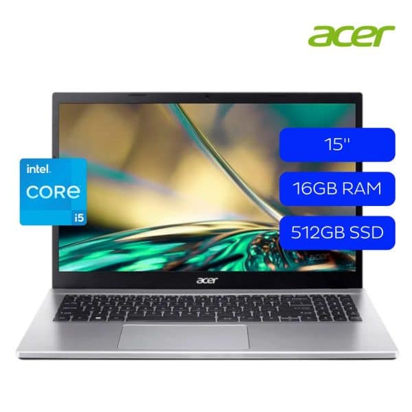 Laptop Acer Aspire 3, 15 Pulgadas FHD, Intel Core i5-1235U, 16GB RAM, 512GB SSD, W11 Home, Color Plateado, Teclado Español + Sleeve GRATIS