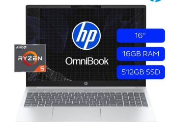 Laptop HP OmniBook 16-ag1051la, 16 Pulgadas, Ryzen 5-340 AI, 16GB RAM, 512GB SSD, W11 Home, Teclado Español, Color Plateado + Sleeve GRATIS