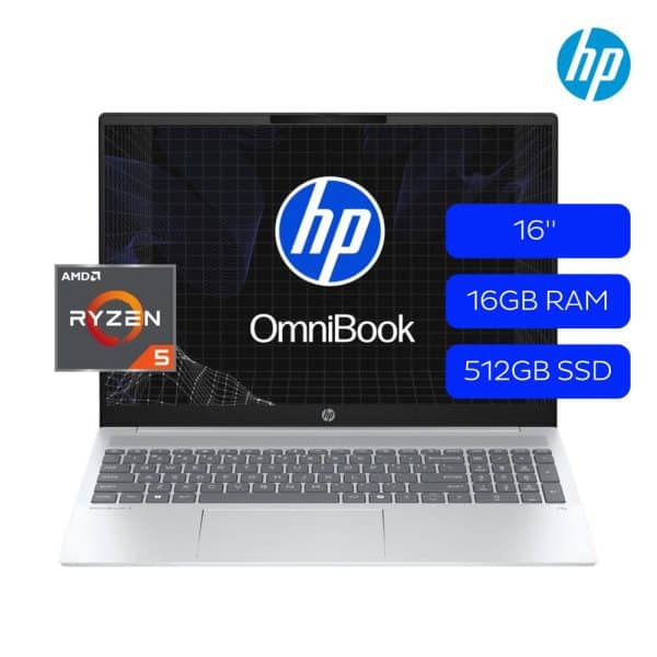 Laptop HP OmniBook 16-ag1051la, 16 Pulgadas, Ryzen 5-340 AI, 16GB RAM, 512GB SSD, W11 Home, Teclado Español, Color Plateado + Sleeve GRATIS